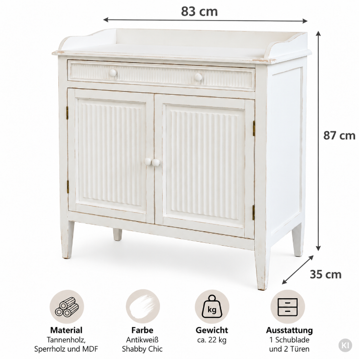 Weiße Vintage Kommode LELA im hellen Landhausflur vor blau-weiß gestreifter Wand, dekoriert mit Blumen und Wohnaccessoires.