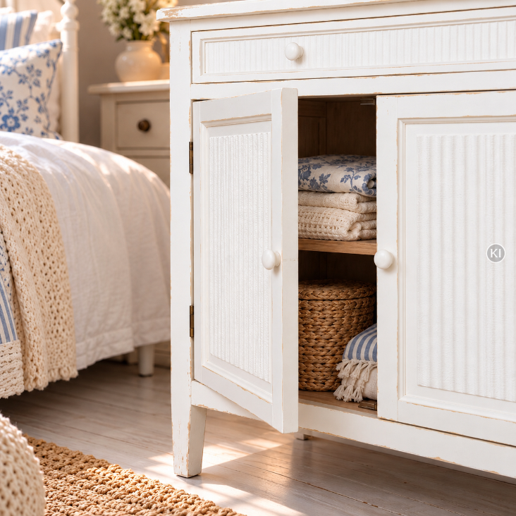 Detailaufnahme der weißen Shabby Chic Kommode LELA mit geöffneter Tür, geriffelter Holzfront und ordentlich verstauten Decken