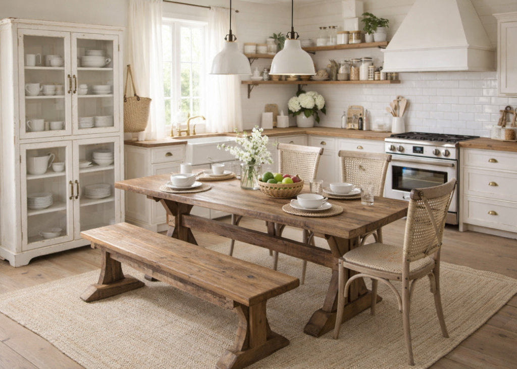 Shabby weiße Vitrine im Esszimmer Landhausstil - weiße Landhausmöbel und Altholzmöbel