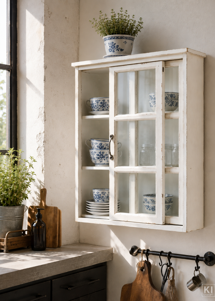 Weiße Wandvitrine im Landhausstil mit Schiebetüren aus Holz und Glas in antik creme – dekorativer Wandschrank für Küche, Esszimmer oder Flur.