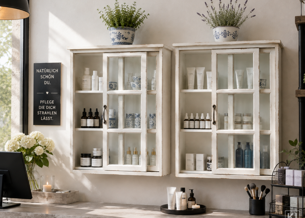 Weißer Wandschrank mit Schiebetüren im Shabby Chic Design – stilvolle Wandvitrine für Kosmetikstudio, Friseursalon oder Boutique.