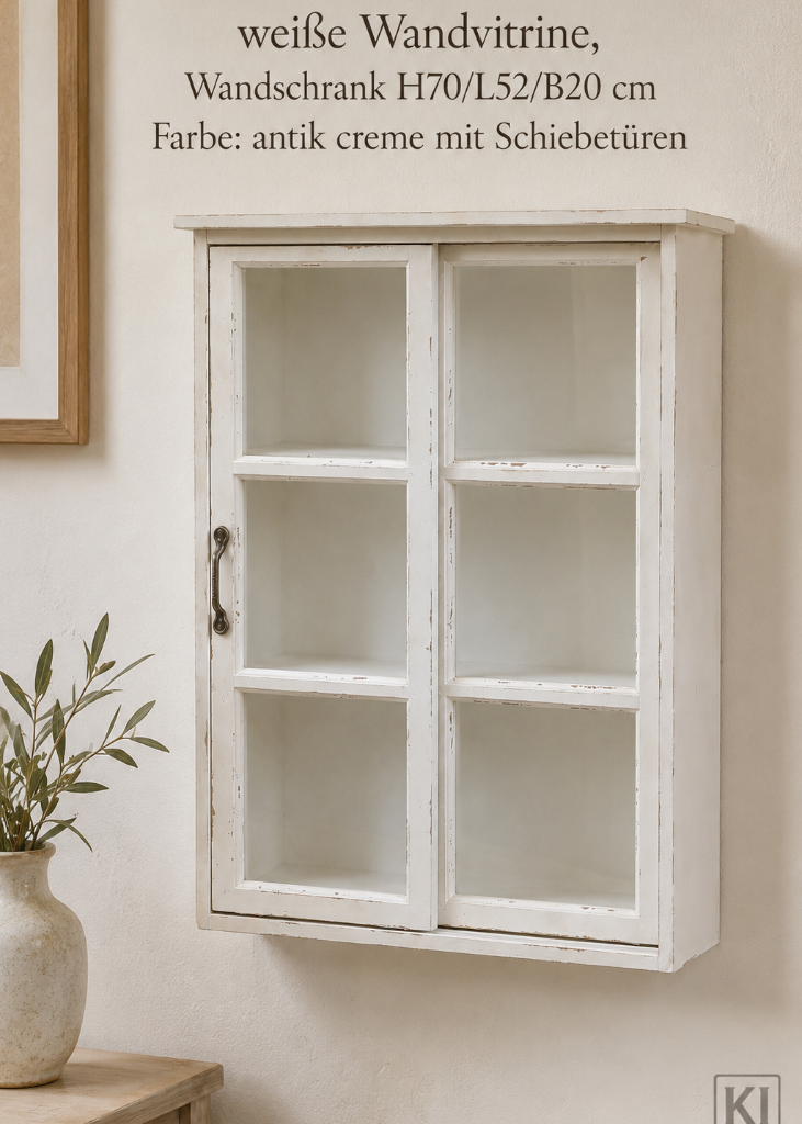 Shabby Chic Wandvitrine aus Holz mit Glasschiebetüren – platzsparender Wandschrank für Geschirr, Gewürze, Gläser und stilvolle Dekoration.