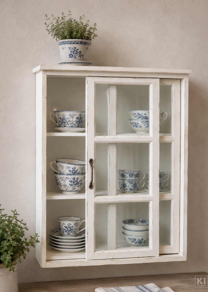Dekorative Holz-Wandvitrine im antiken Landhausstil – ideal zur Aufbewahrung von Tassen, Schalen, Vorratsgläsern und Lieblingsstücken.