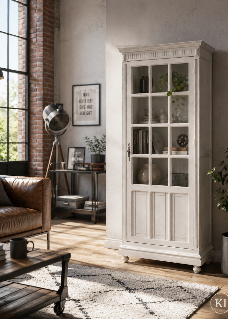 Detail der antik weißen Vitrine mit Glastür und dekorativen Vintage Verzierungen