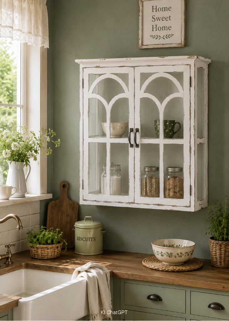 Weiße Wandvitrine im Shabby Chic an einer grünen Wand in einem sonnigen Landhaus-Küche mit stilvollem Geschirr.