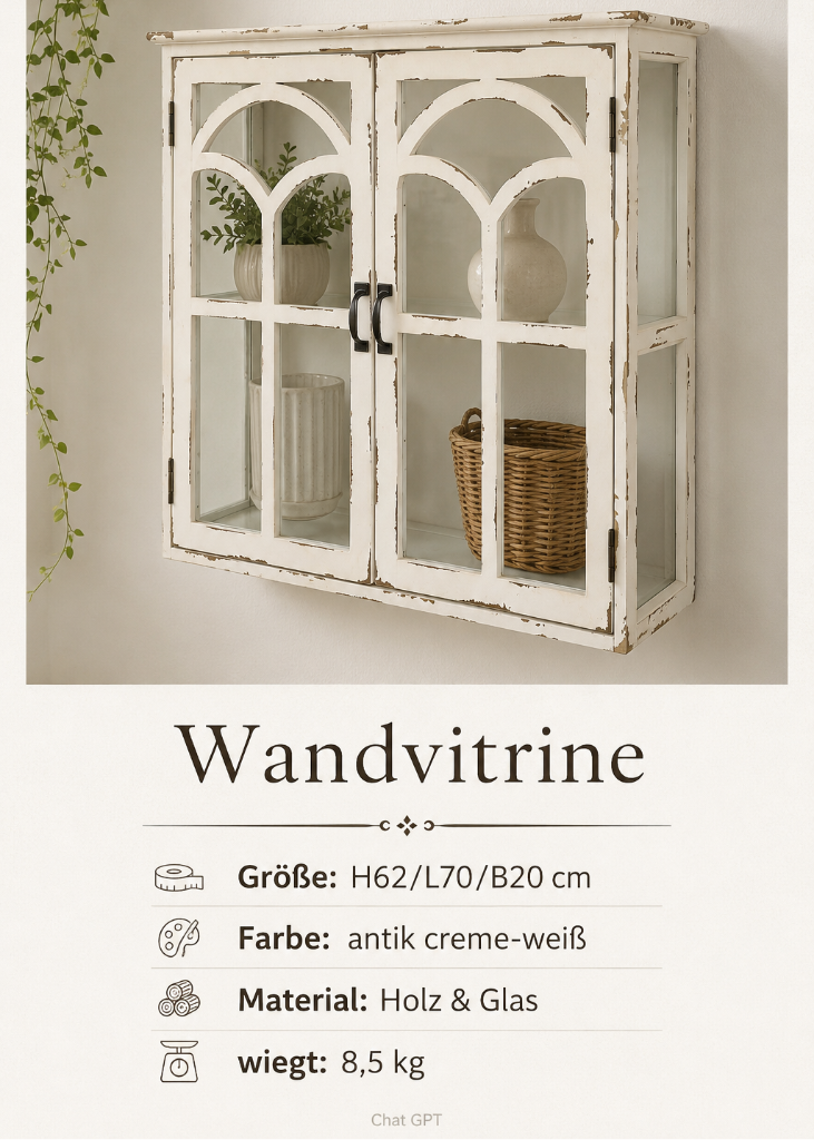 Landhaus Wandschrank mit Glastüren im Shabby Chic Stil für Geschirr, Tassen und Dekoration.