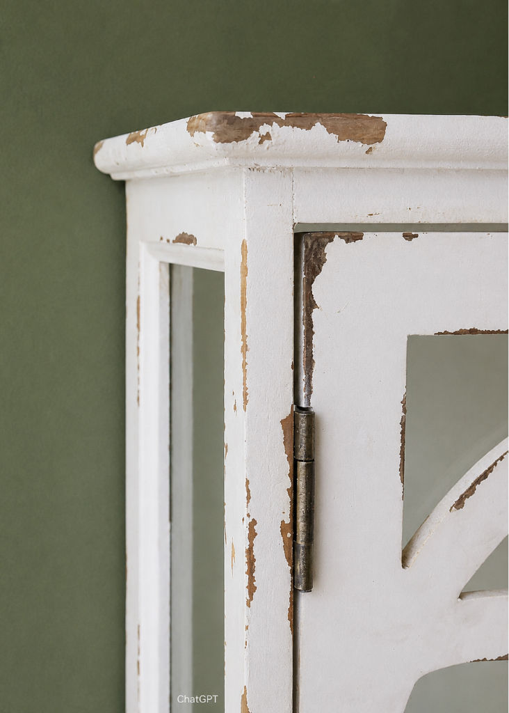 Detailaufnahme der weißen Shabby Wandvitrine mit antikem Finish und hochwertiger Verarbeitung aus Holz und Glas.