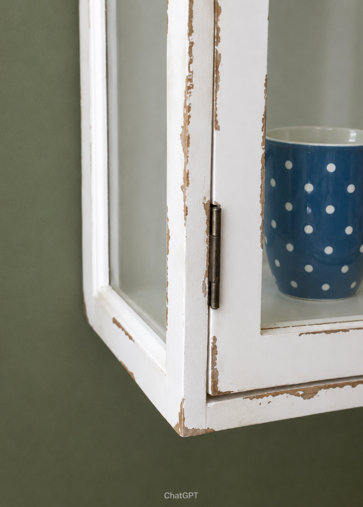 Landhaus Wandvitrine in Antik Creme-Weiß mit zwei Glastüren und praktischem Stauraum für stilvolles Wohnen.